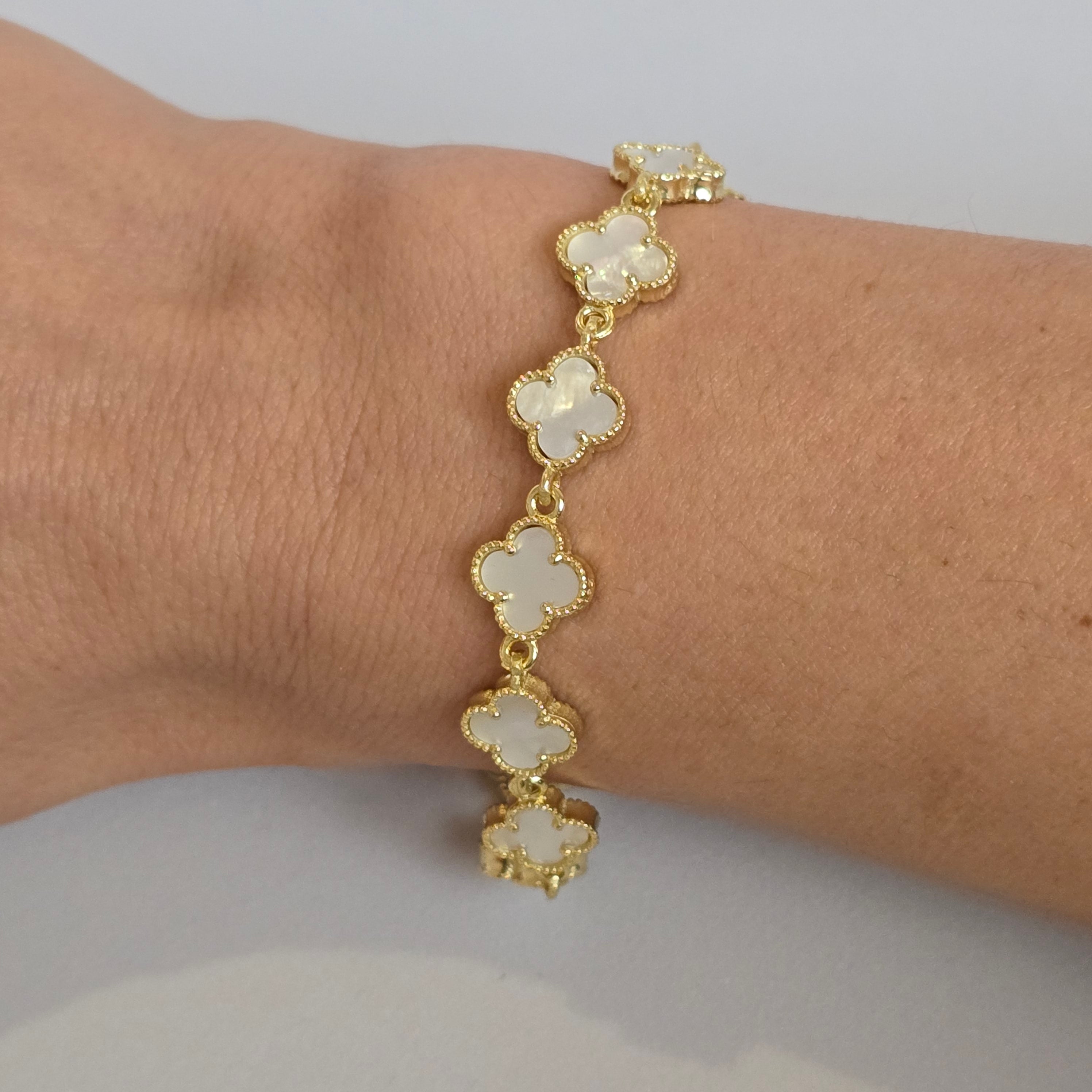 925 Silver Four Leaf Clover Bracelet with Black and White Details