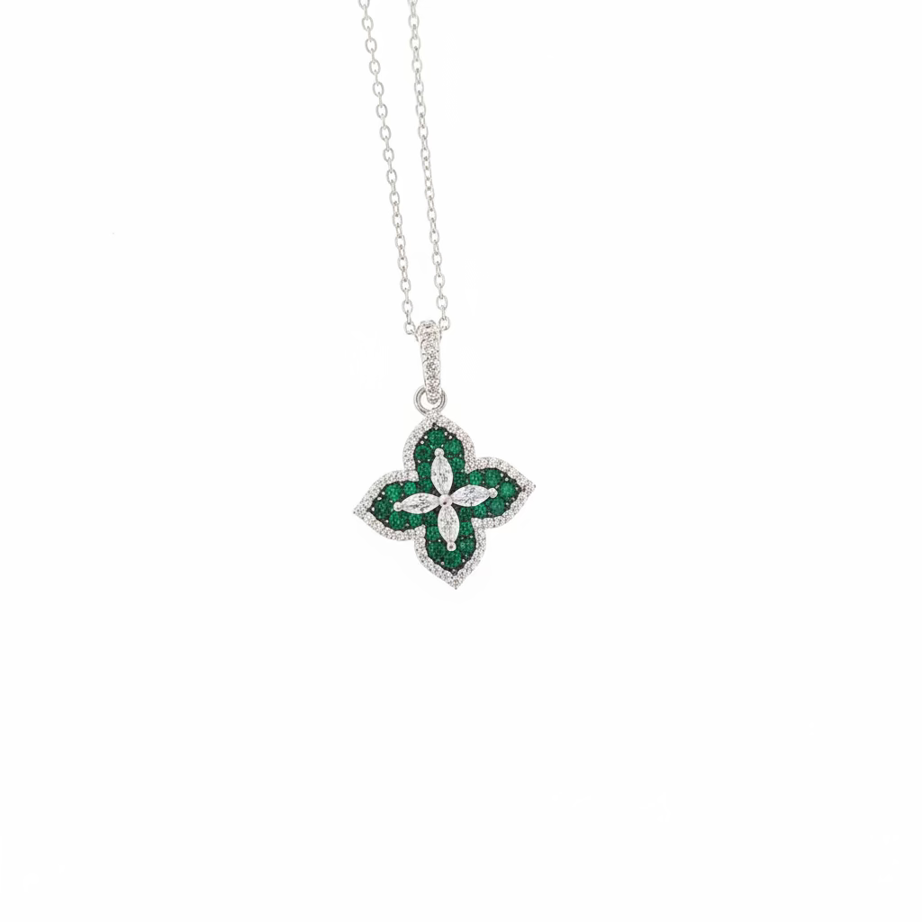 Collana Quadrifoglio Geometrico in Argento 925 – Zirconi Bianchi e Verdi
