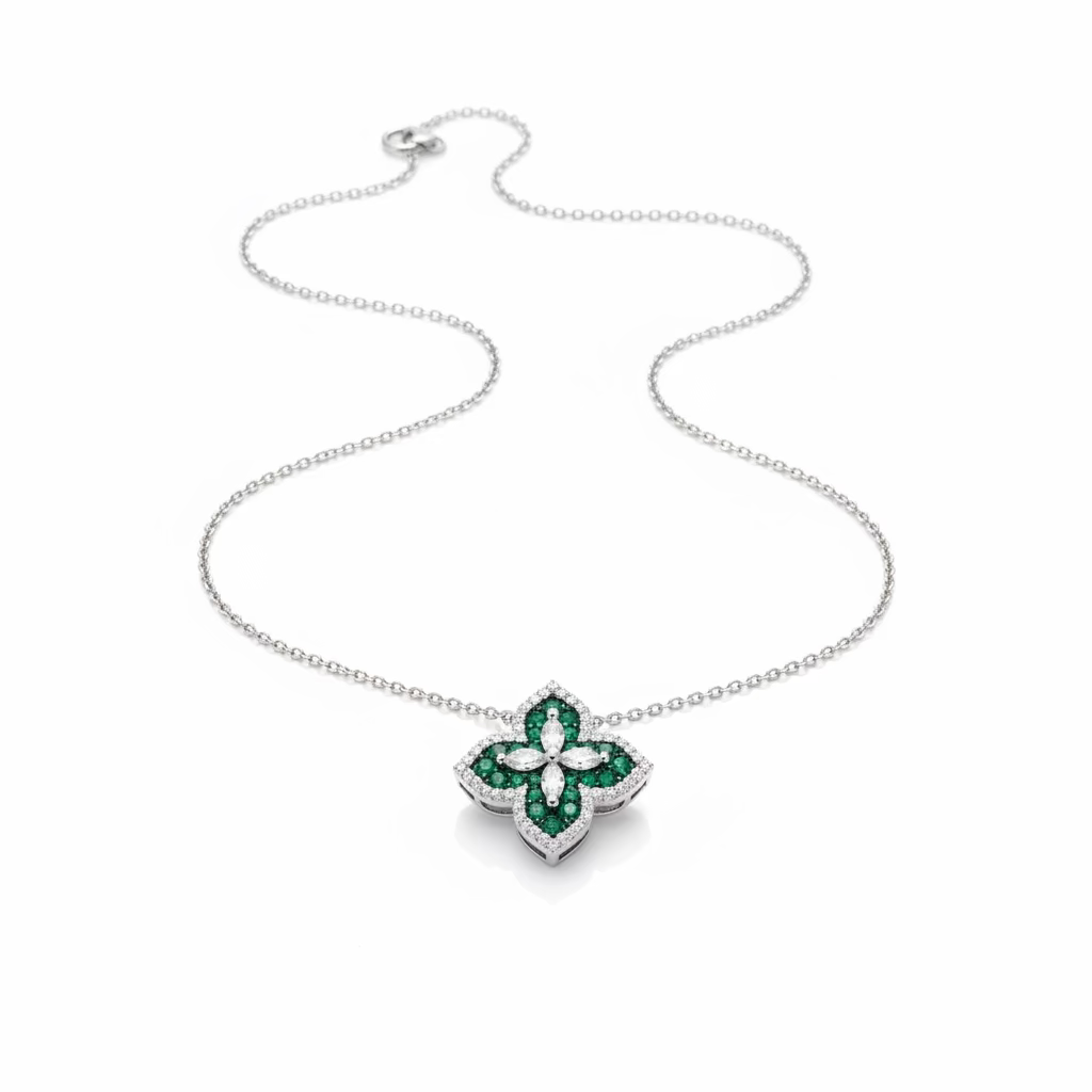 Collana Quadrifoglio Geometrico in Argento 925 – Zirconi Bianchi e Verdi