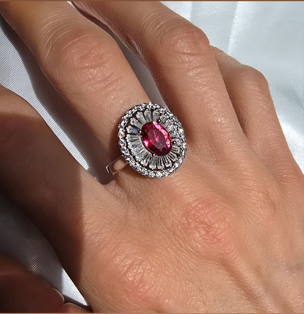 Royal Ring in 925 Silver with Red Zircon and Double Zircon Frame