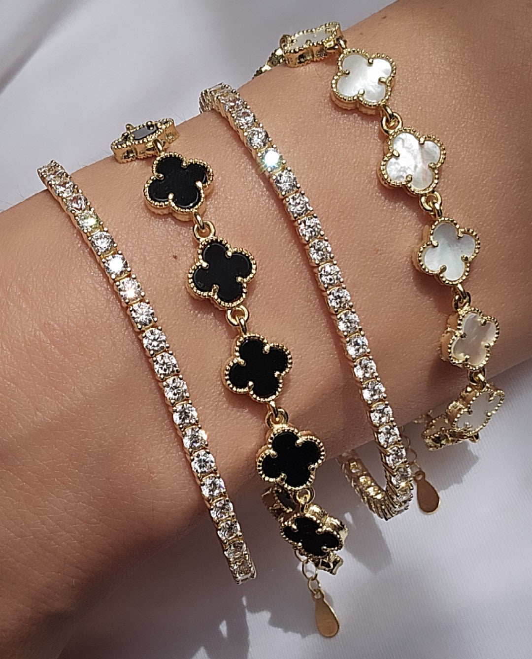 925 Silver Four Leaf Clover Bracelet with Black and White Details