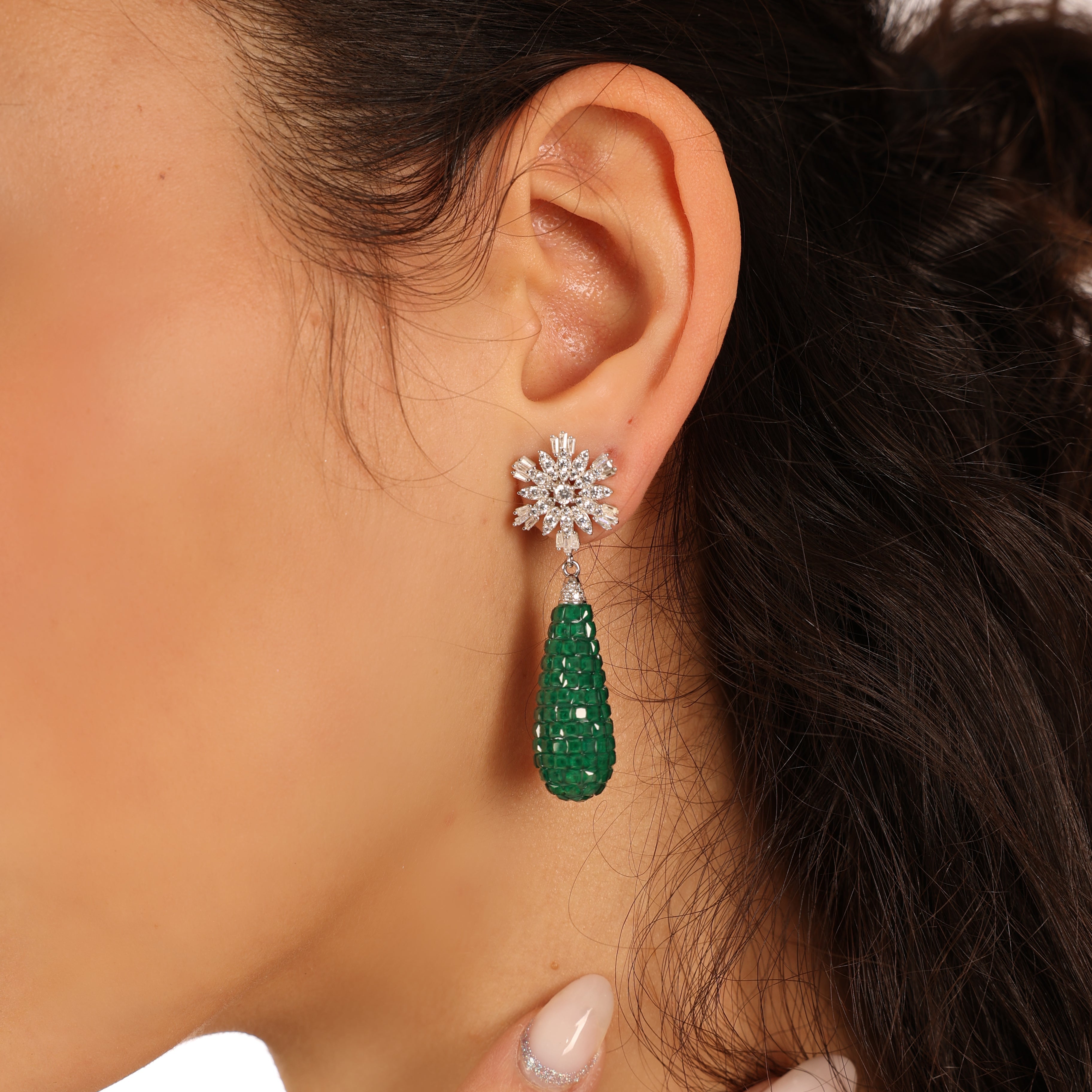 Emerald Bloom Earrings in 925 Silver with Zirconia and Green Drop