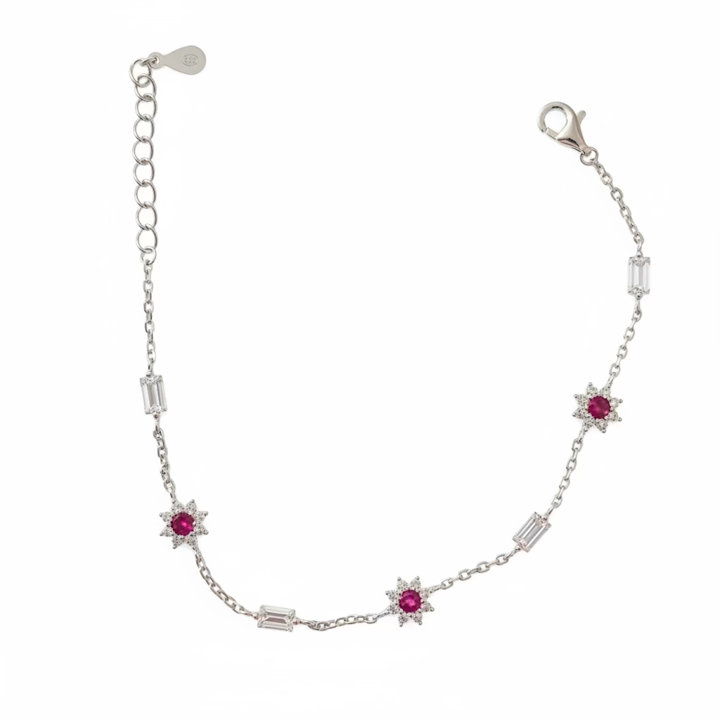 Bracciale Geometrico Vibrant Geo in Argento 925 con Castoni Rubino e Zirconi Baguette