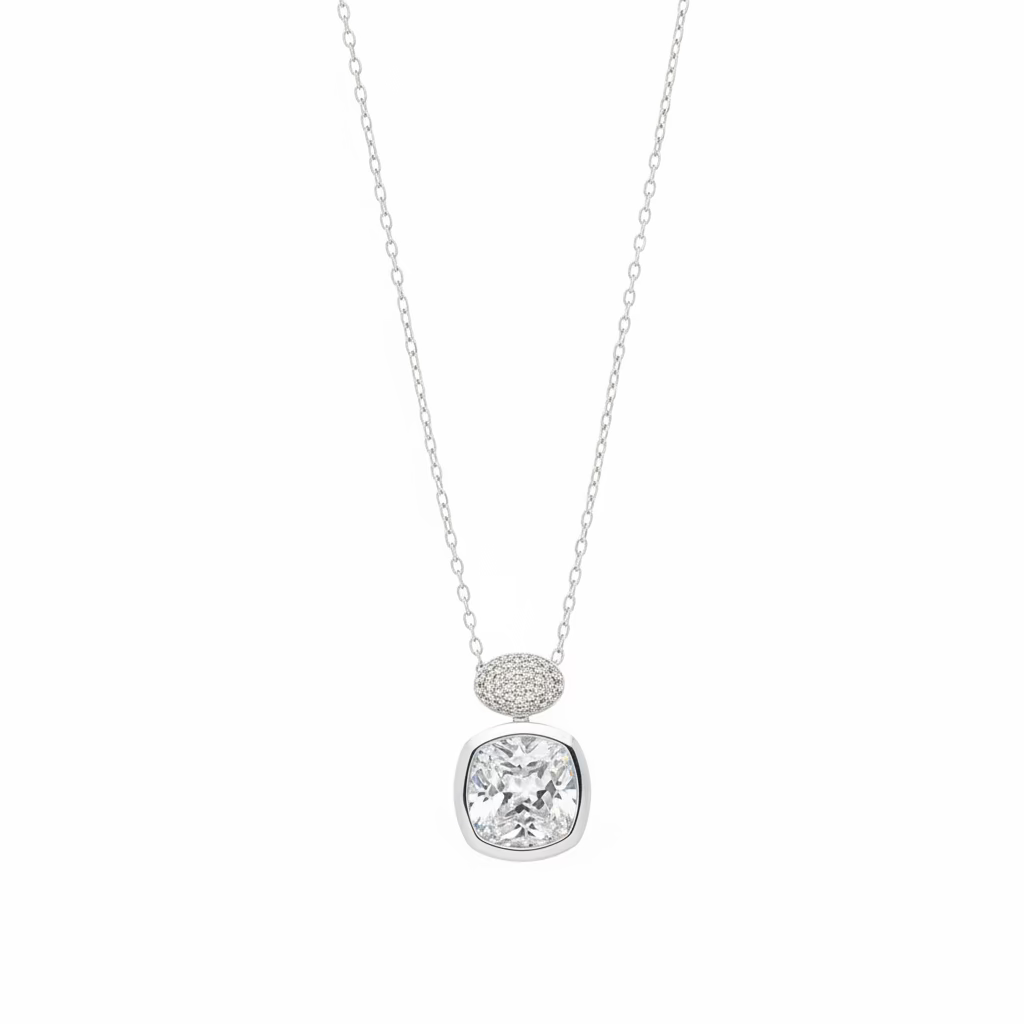 Collana Girocollo "Royal Duet" in Argento 925 con Pendente Cushion e Pavé
