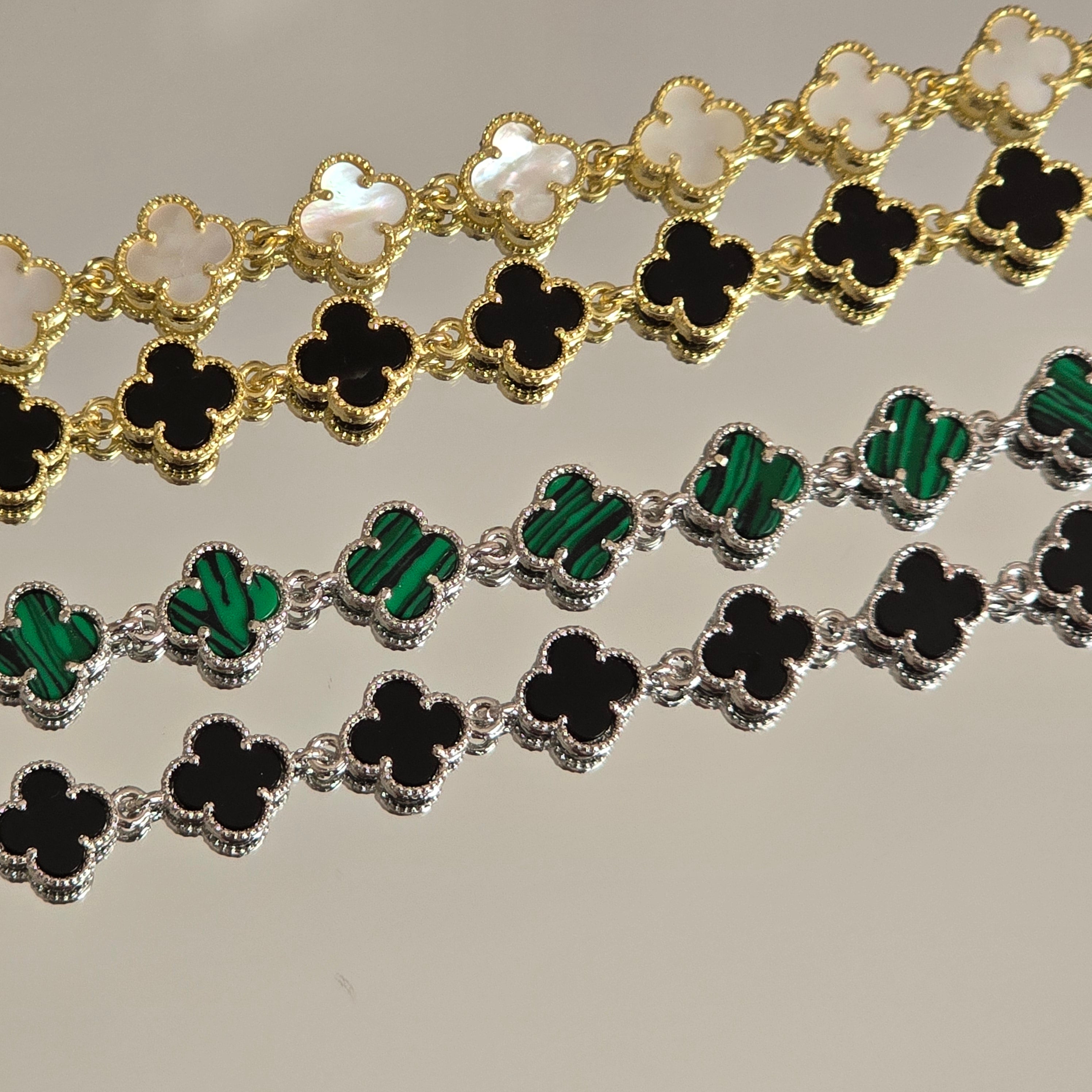 925 Silver Four Leaf Clover Bracelet with Black and White Details