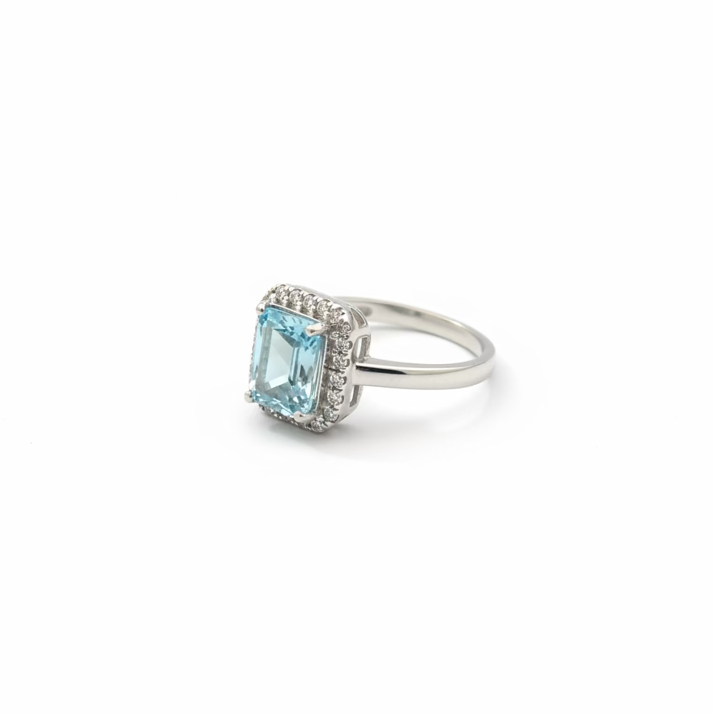 Anello Halo Ottagonale in Argento 925 con Cristallo Acquamare - Misura Regolabile