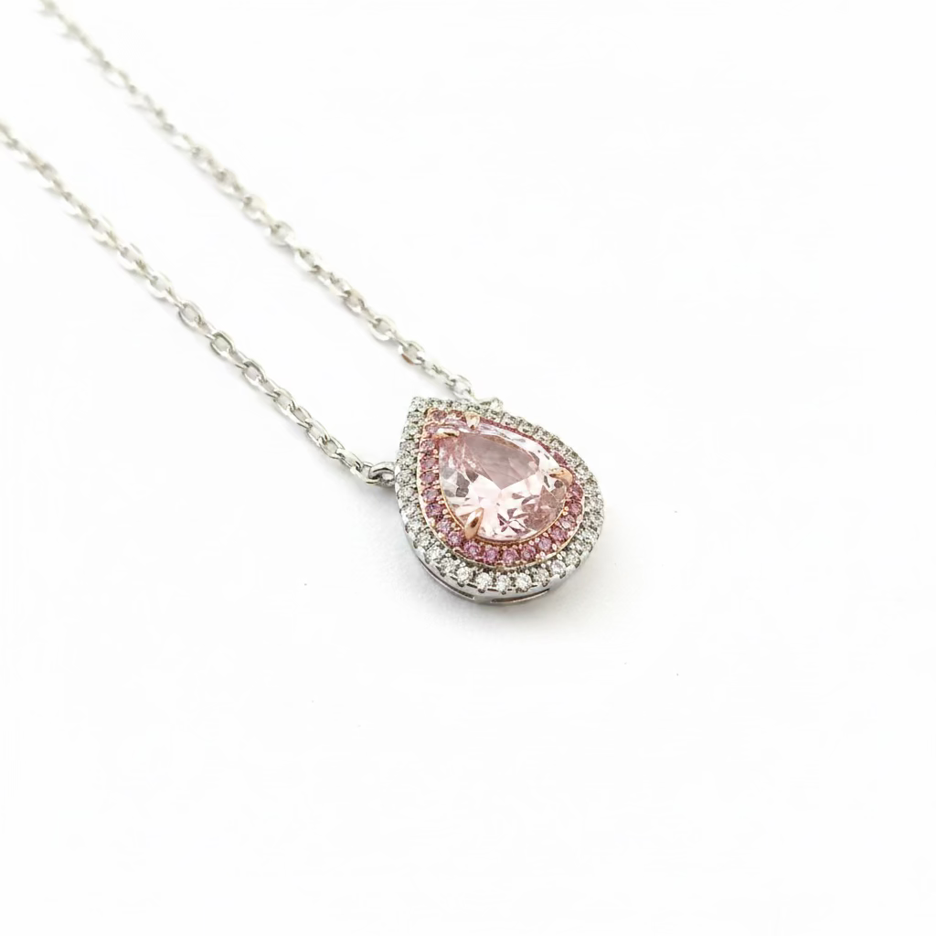 Collana Girocollo a Goccia in Argento 925 Bicolore con Zircone Rosa e Doppio Halo (9x7mm)