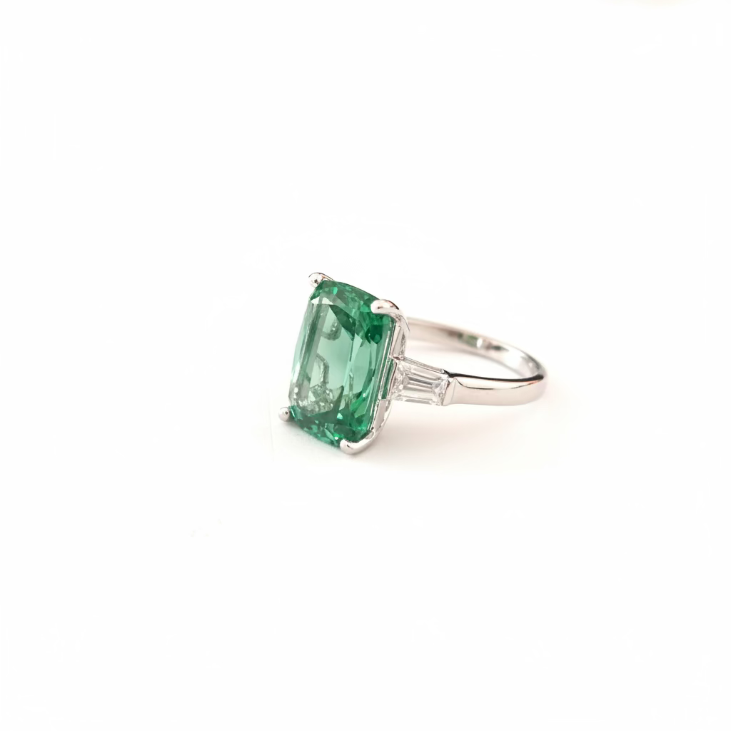 Anello Trilogy Geometrico in Argento 925 con Tormalina Verde Cushion e Trapezio