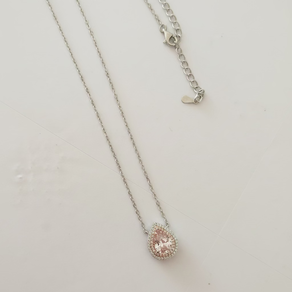 Collana Girocollo a Goccia in Argento 925 Bicolore con Zircone Rosa e Doppio Halo (9x7mm)
