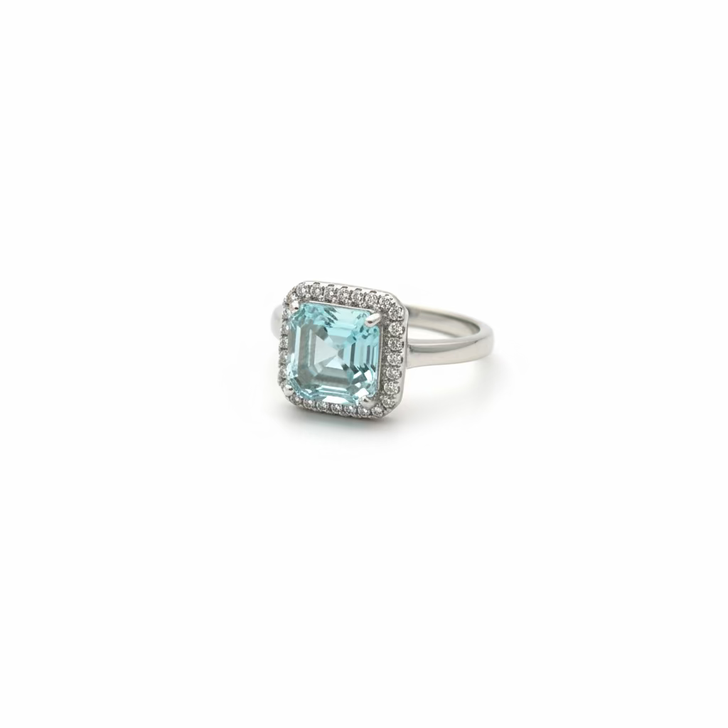 Anello Halo Ottagonale in Argento 925 con Cristallo Acquamare - Misura Regolabile