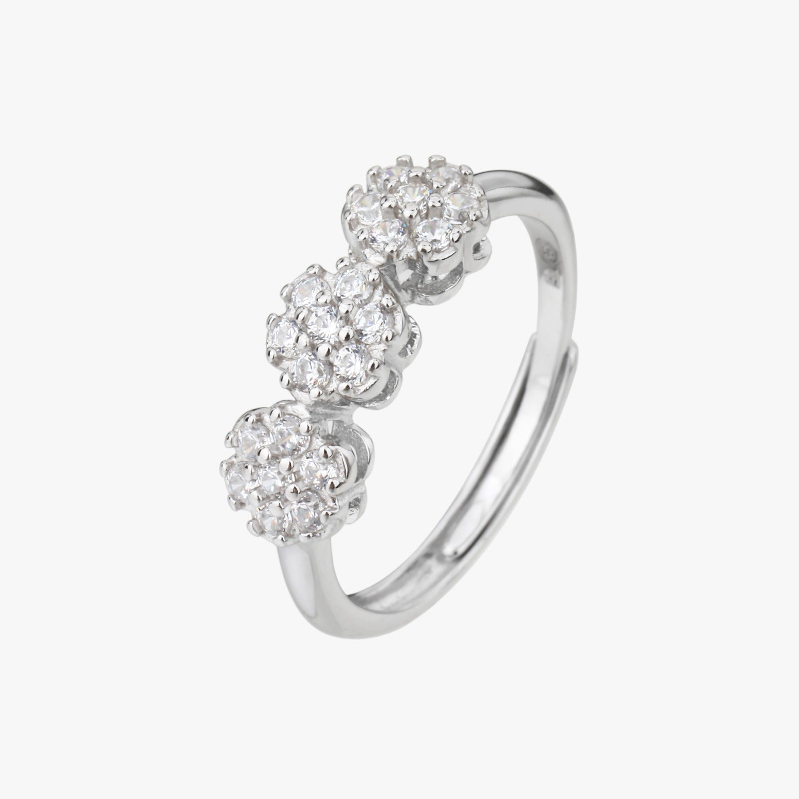Anello Trilogy di Fiori in Argento 925 con Zirconi Bianchi - Misura Regolabile