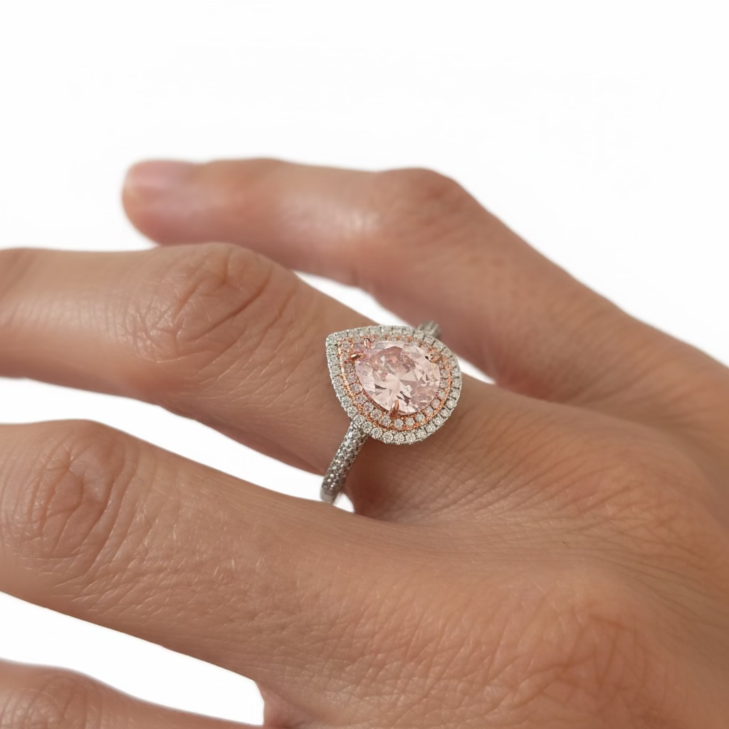 Anello a Goccia in Argento 925 Bicolore con Zircone Rosa e Doppio Halo (9x7mm)
