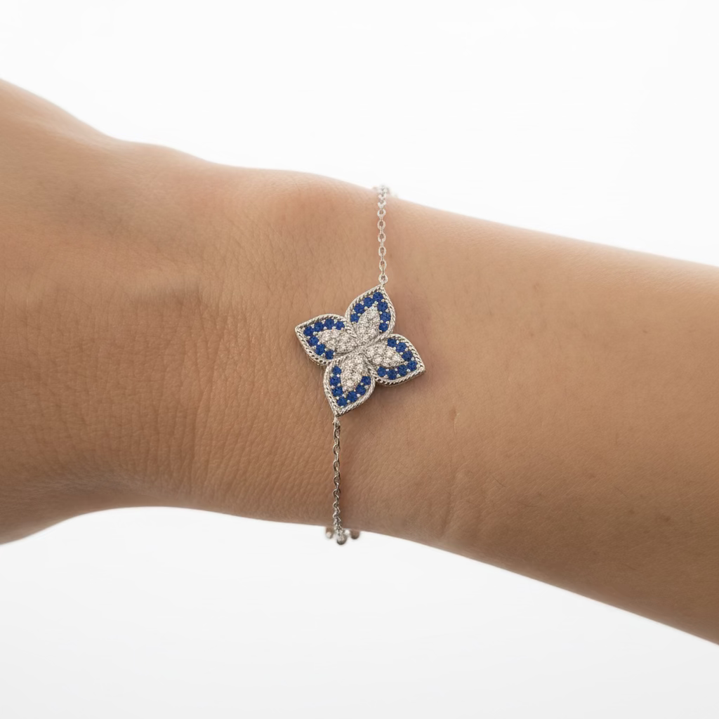Bracciale Quadrifoglio in Argento 925 – Zirconi Bianchi e Blu