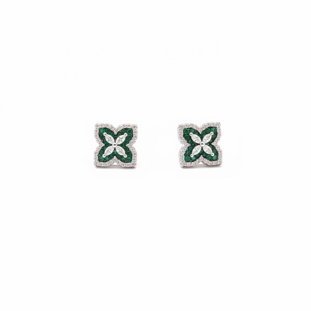 Orecchini a Lobo Quadrifoglio in Argento 925 e Zirconi Bianco e Verde