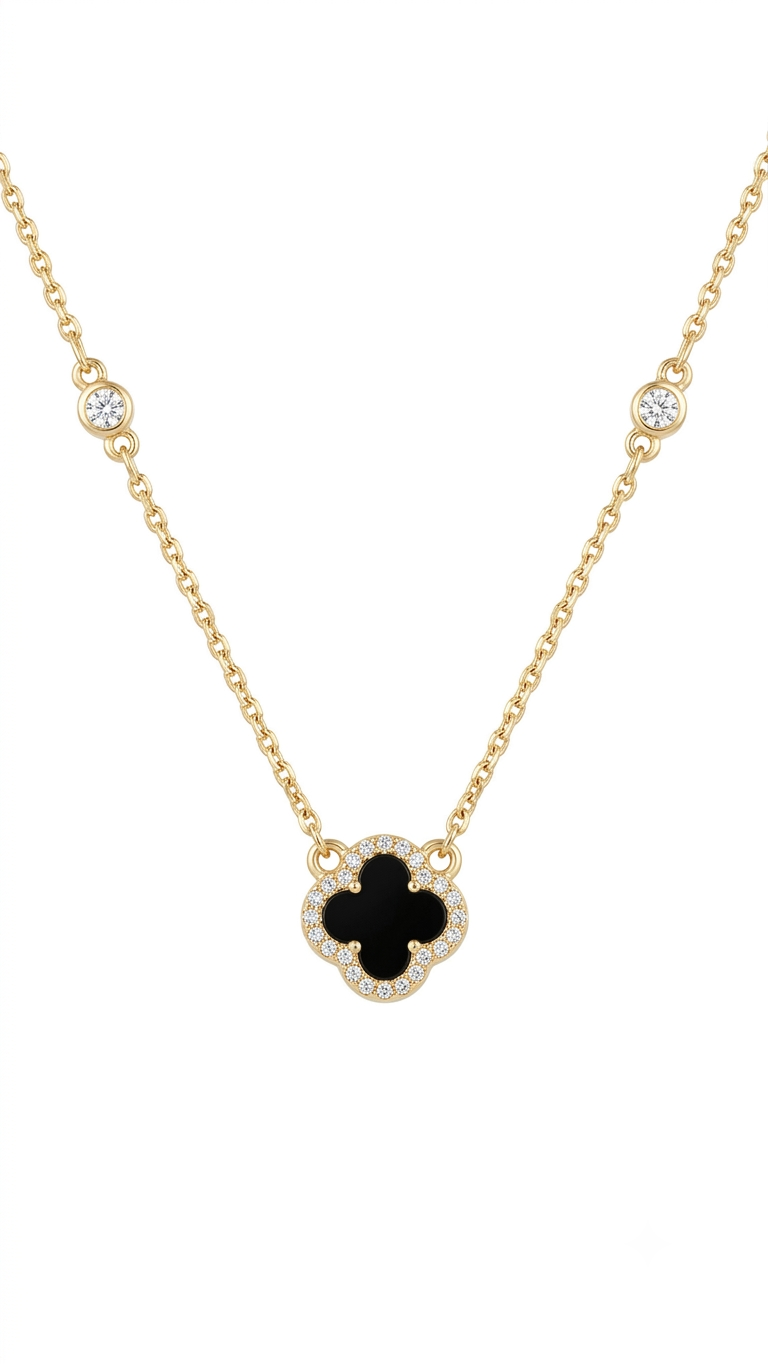 Collana Quadrifoglio Nero in Argento 925 Dorato e Zirconi