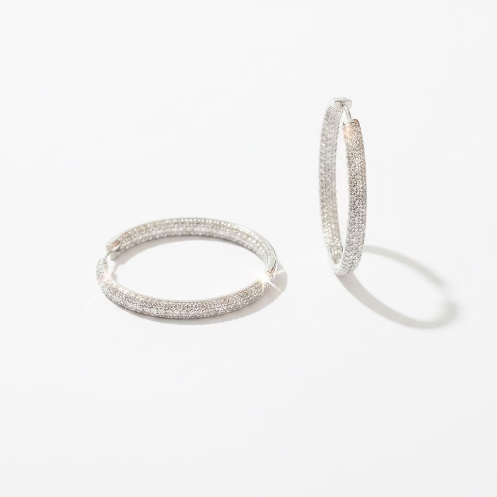 Orecchini a Cerchio "Full Brilliance" in Argento 925 con Pavé di Zirconi Interno ed Esterno – Diametro 3 cm