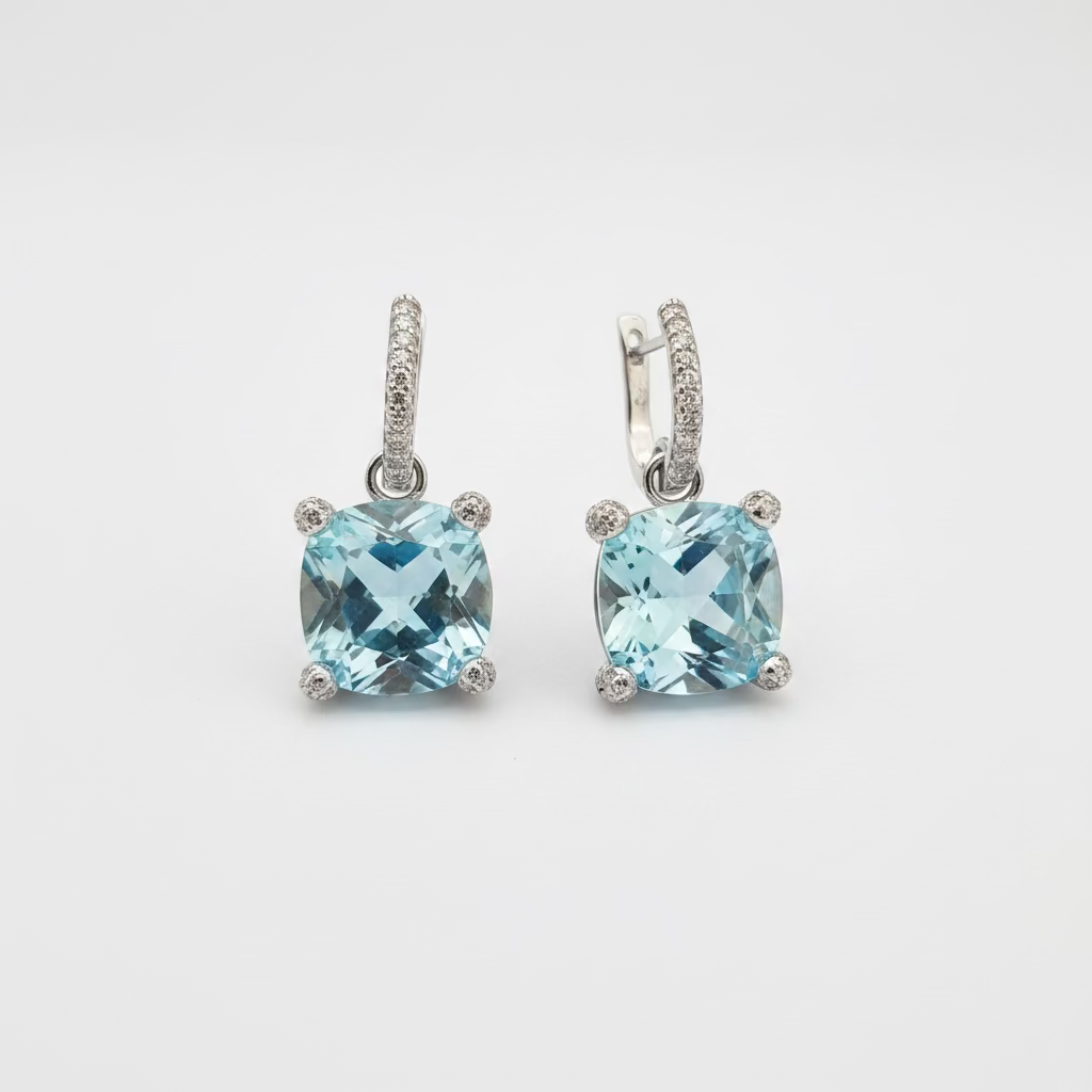 Orecchini Pendenti Square in Argento 925 con Cristallo Aqua e Dettagli White (12x12mm)