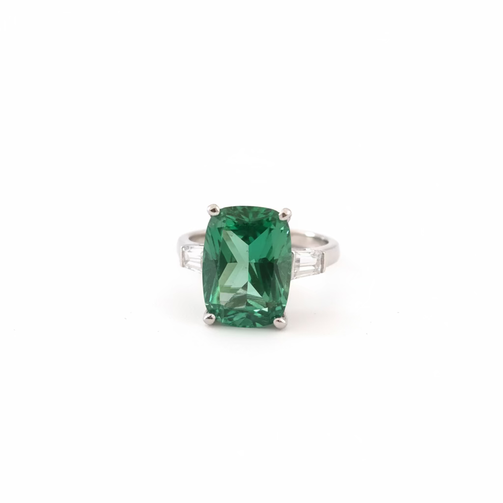 Anello Trilogy Geometrico in Argento 925 con Tormalina Verde Cushion e Trapezio