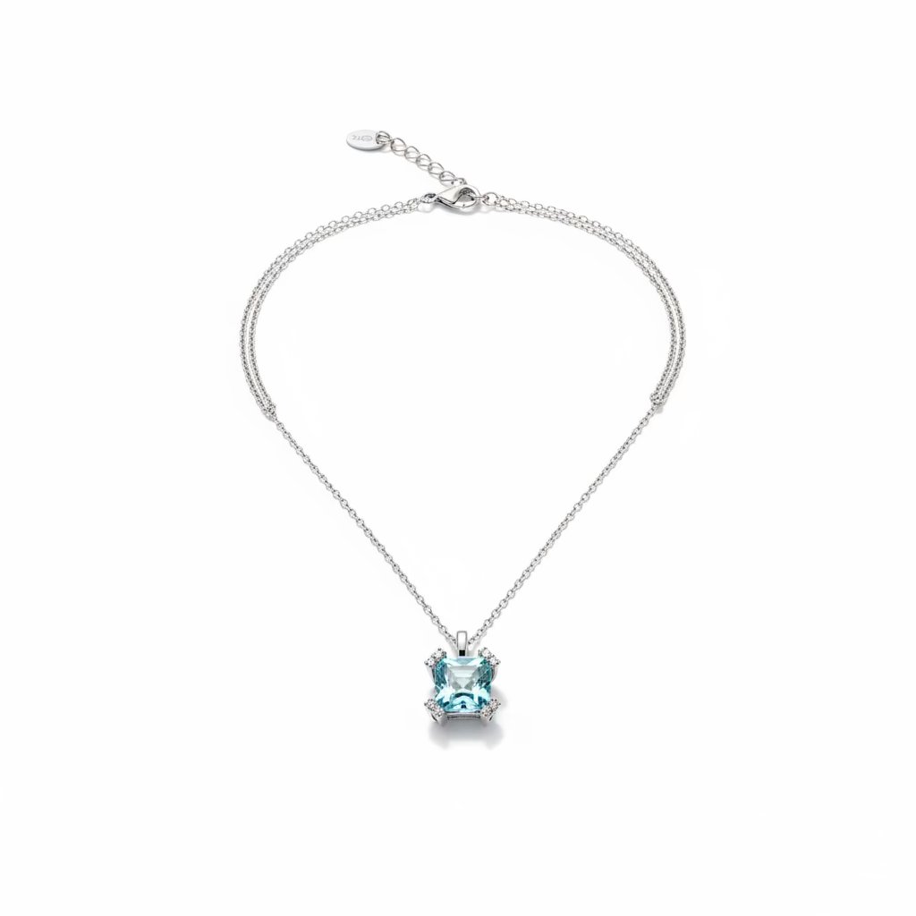 Collana Girocollo Geometrica in Argento 925 con Cristallo Acquamare 8x8mm