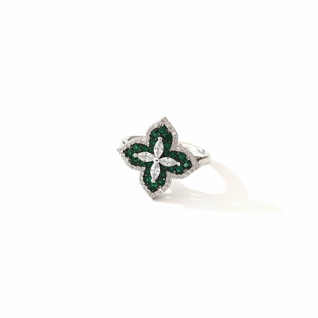Anello Quadrifoglio in Argento 925 con Zirconi Verdi e Bianchi