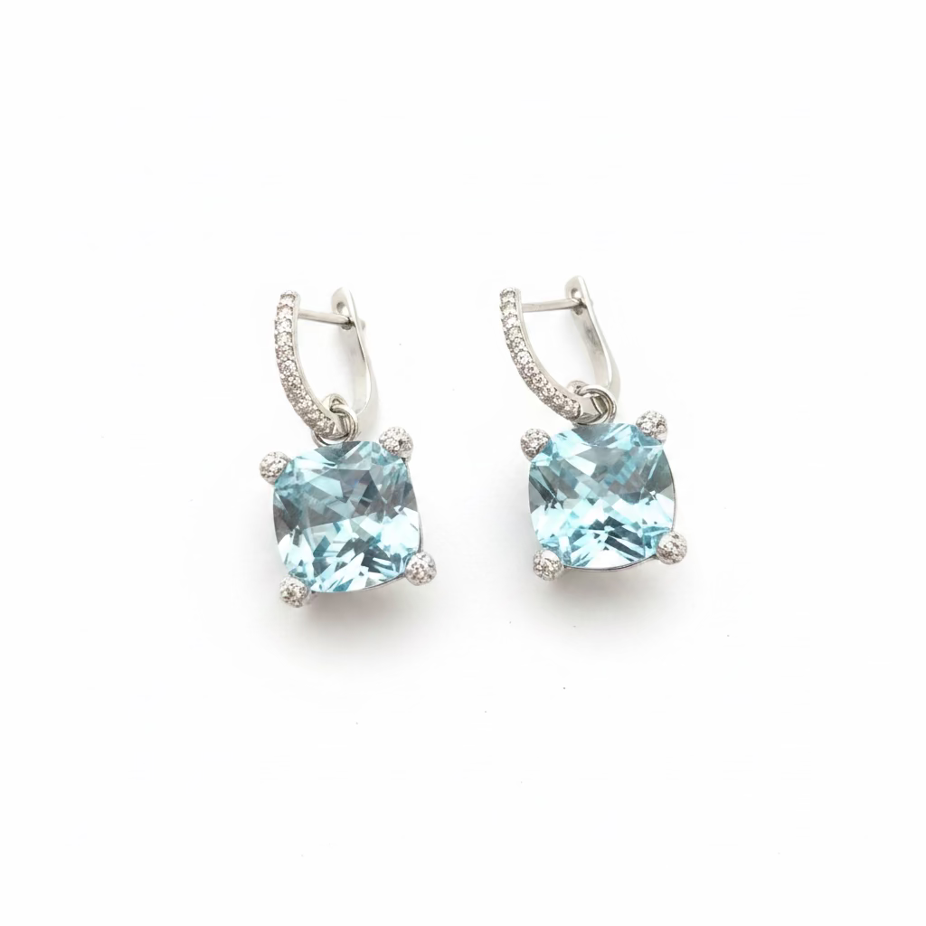 Orecchini Pendenti Square in Argento 925 con Cristallo Aqua e Dettagli White (12x12mm)