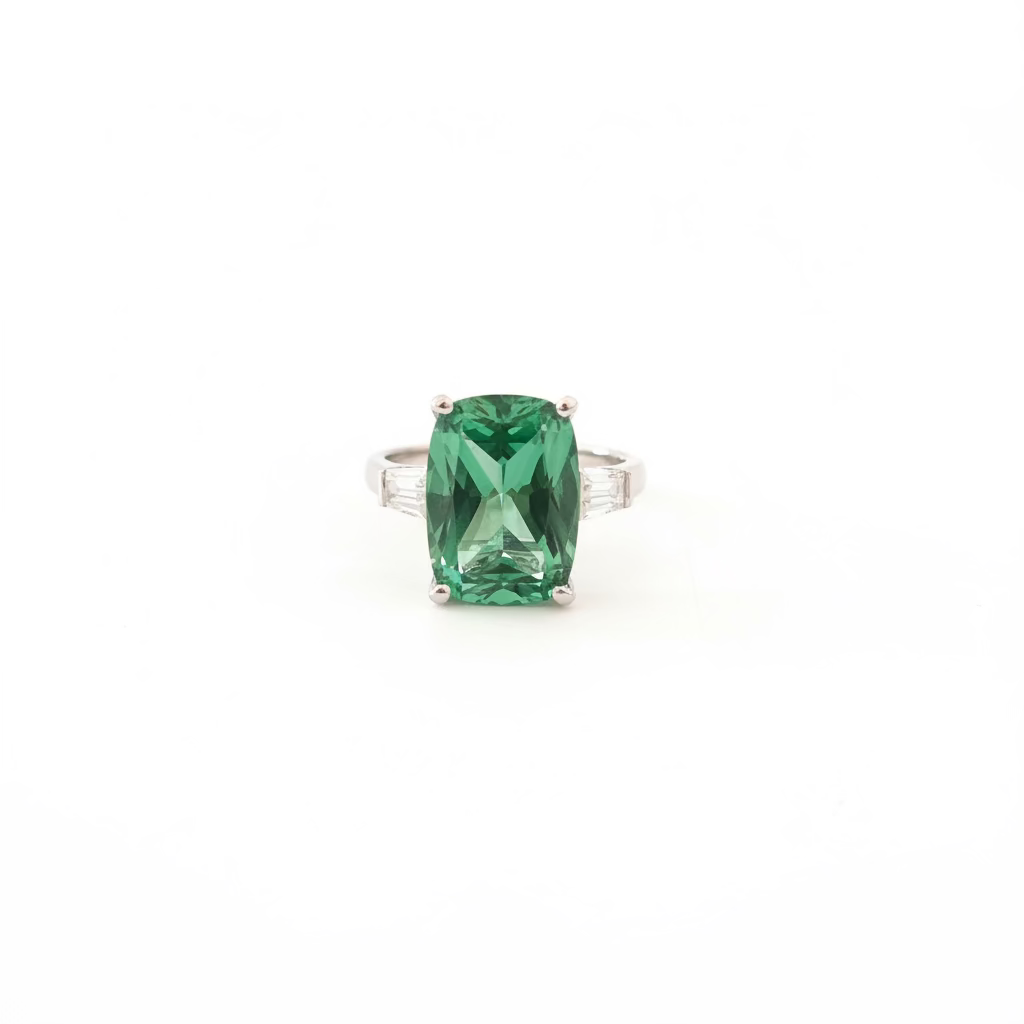 Anello Trilogy Geometrico in Argento 925 con Tormalina Verde Cushion e Trapezio