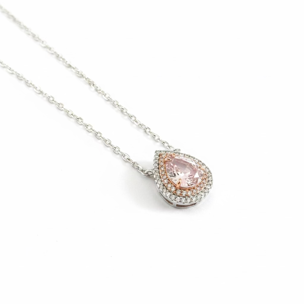 Collana Girocollo a Goccia in Argento 925 Bicolore con Zircone Rosa e Doppio Halo (9x7mm)