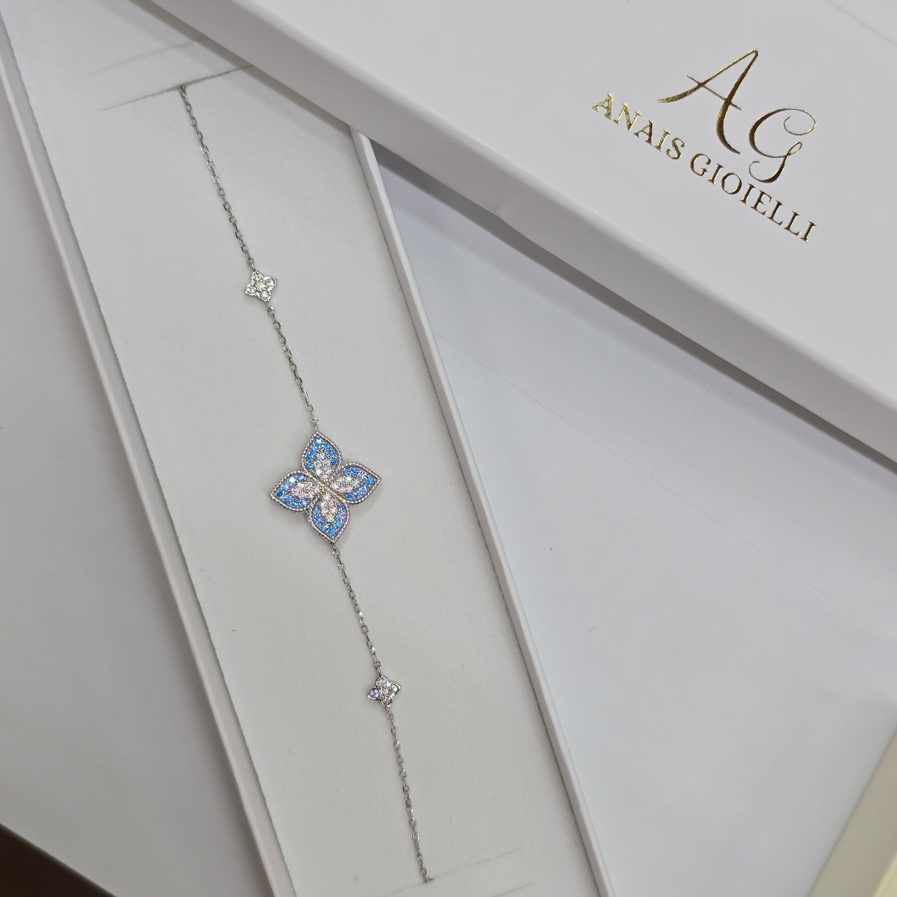 Bracciale Quadrifoglio in Argento 925 – Zirconi Bianchi e Blu