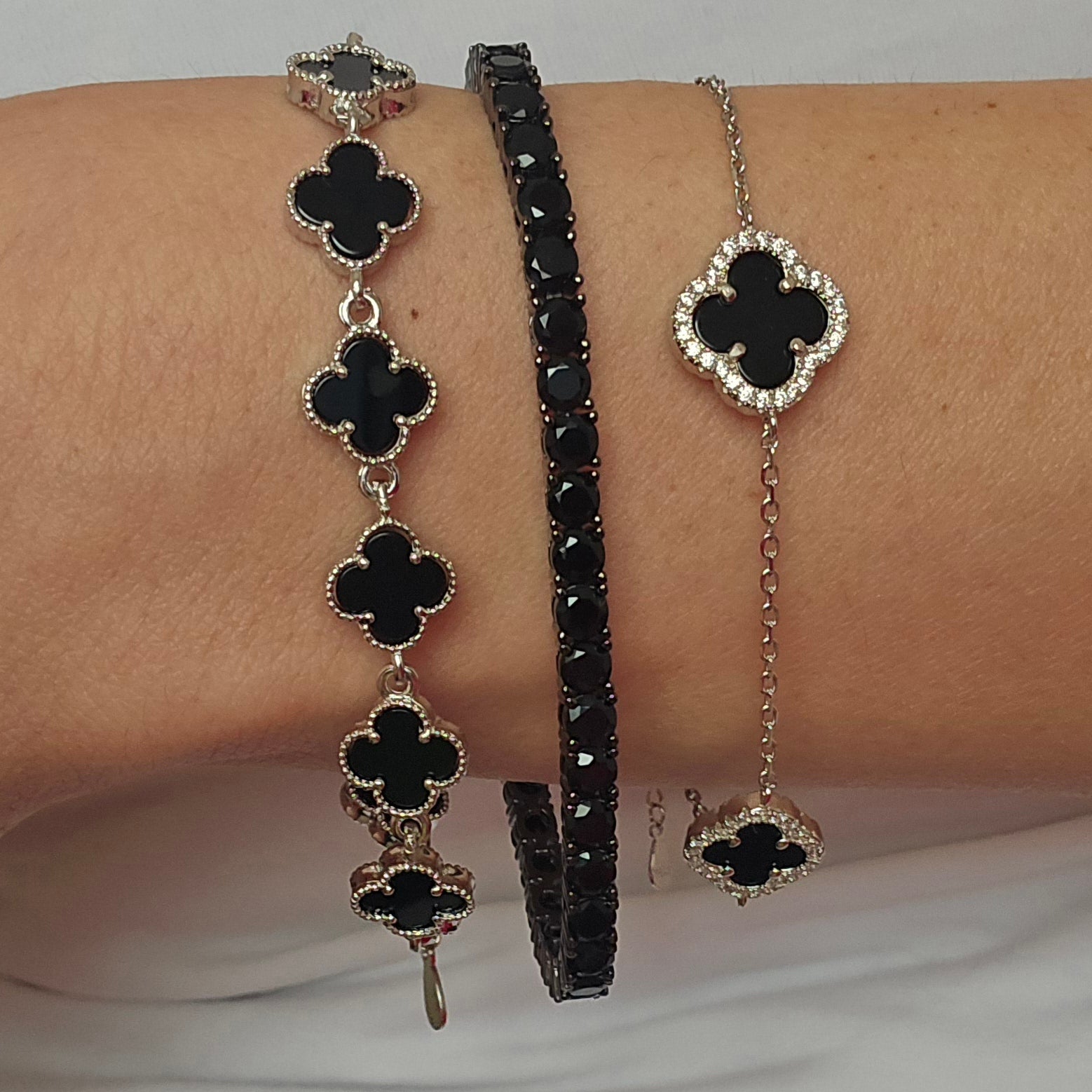 925 Silver Four Leaf Clover Bracelet with Black and White Details