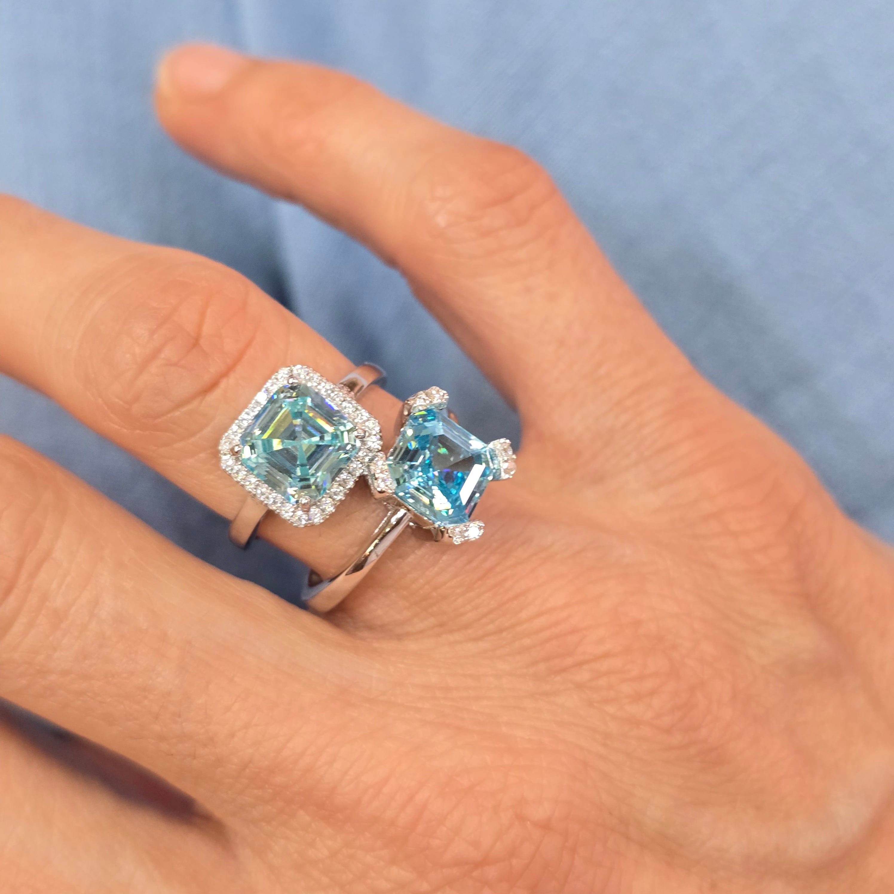 Anello Halo Ottagonale in Argento 925 con Cristallo Acquamare - Misura Regolabile