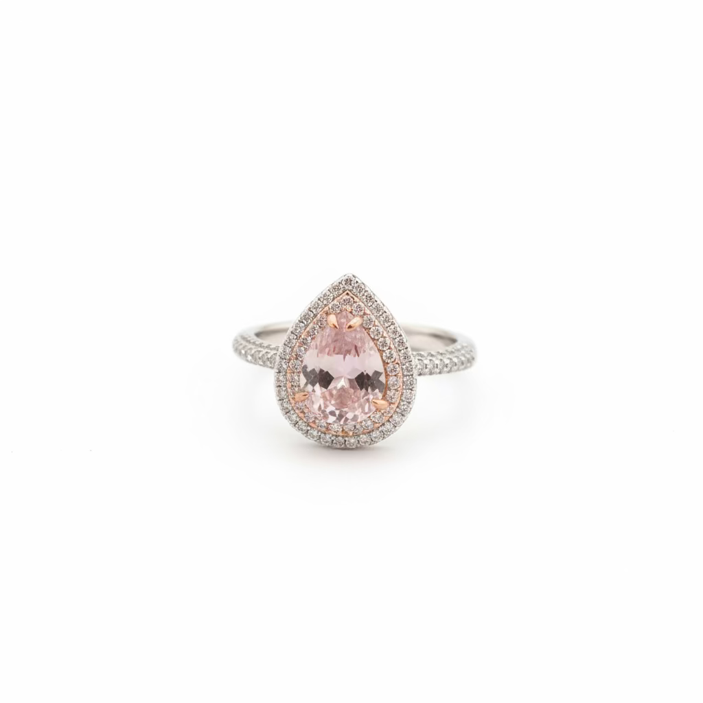 Anello a Goccia in Argento 925 Bicolore con Zircone Rosa e Doppio Halo (9x7mm)