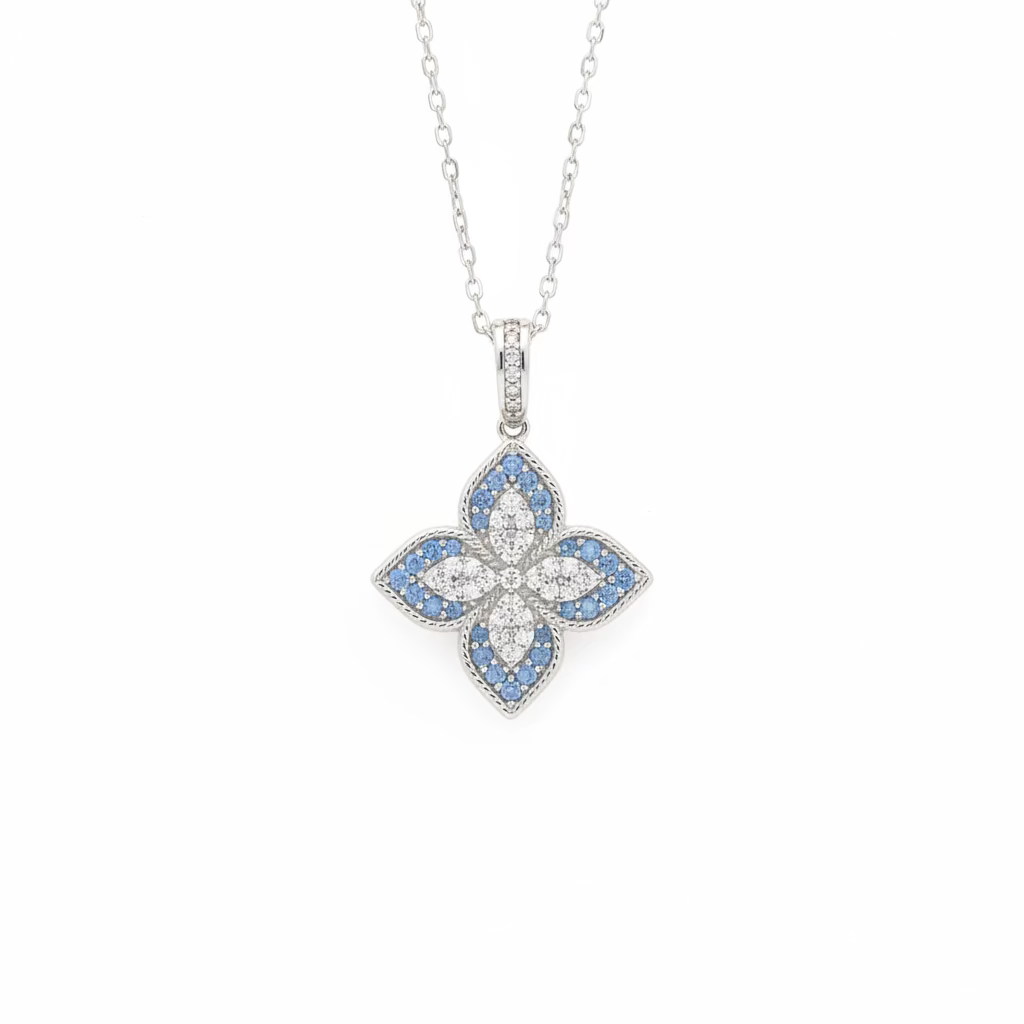 Collana Quadrifoglio in Argento 925 – Zirconi Bianco e Azzurro