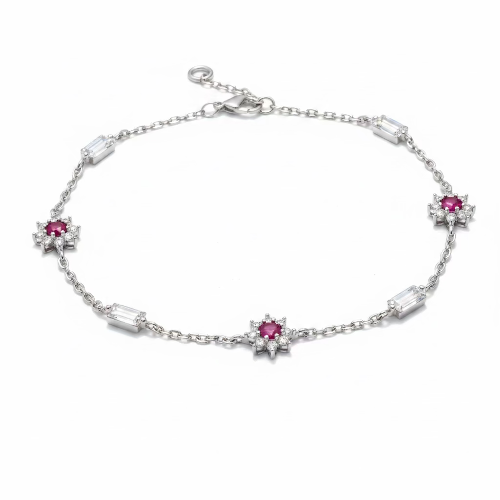 Bracciale Geometrico Vibrant Geo in Argento 925 con Castoni Rubino e Zirconi Baguette