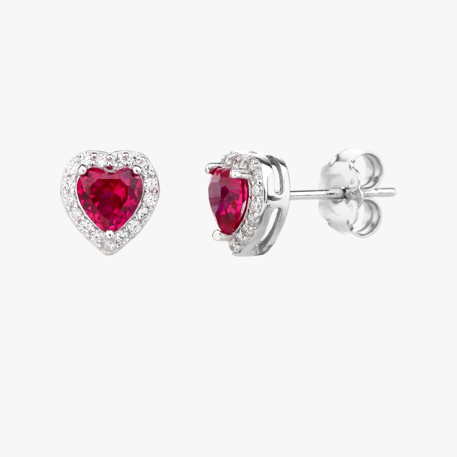 Orecchini a Lobo "Sweet Heart" in Argento 925 con Rubino da 5mm e Contorno di Zirconi