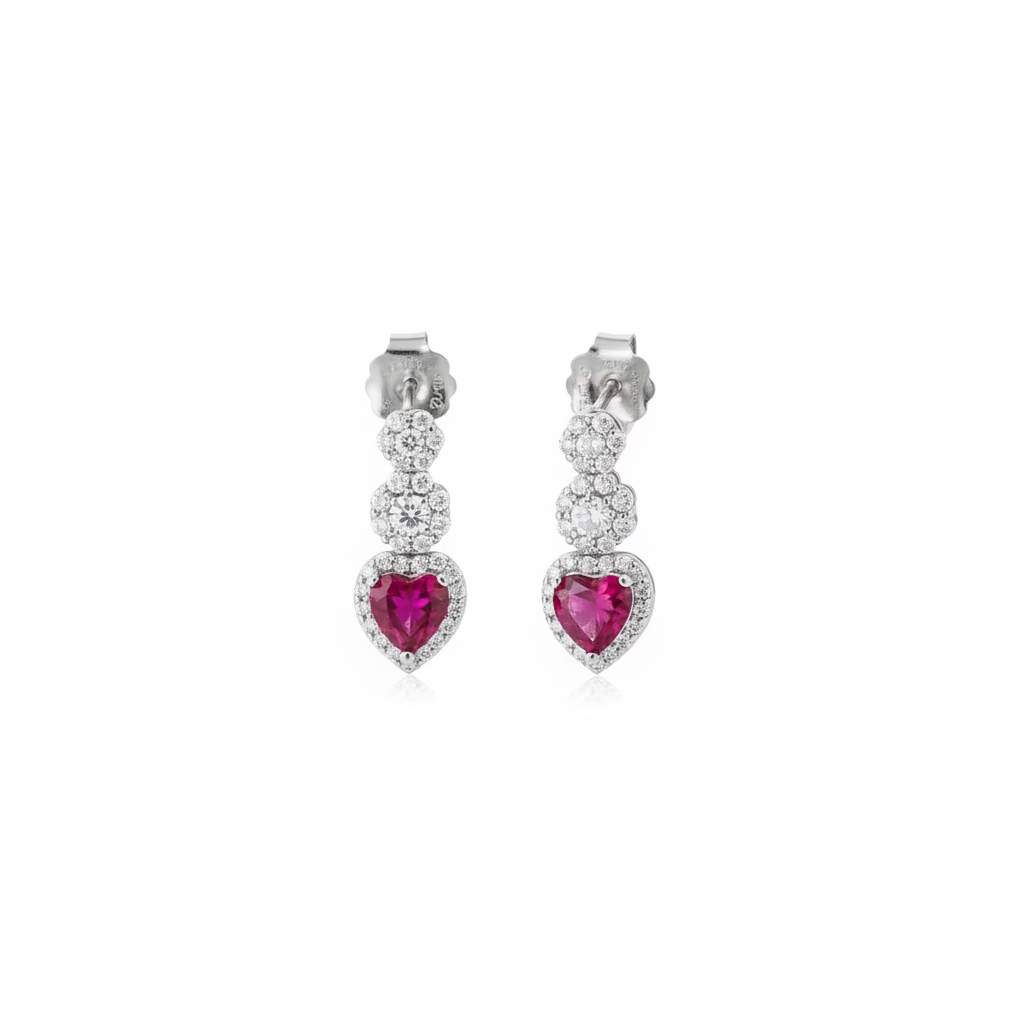 Orecchini Pendenti "Flower Heart" in Argento 925 con Rubino Idrotermale 5mm e Pavé di Zirconi