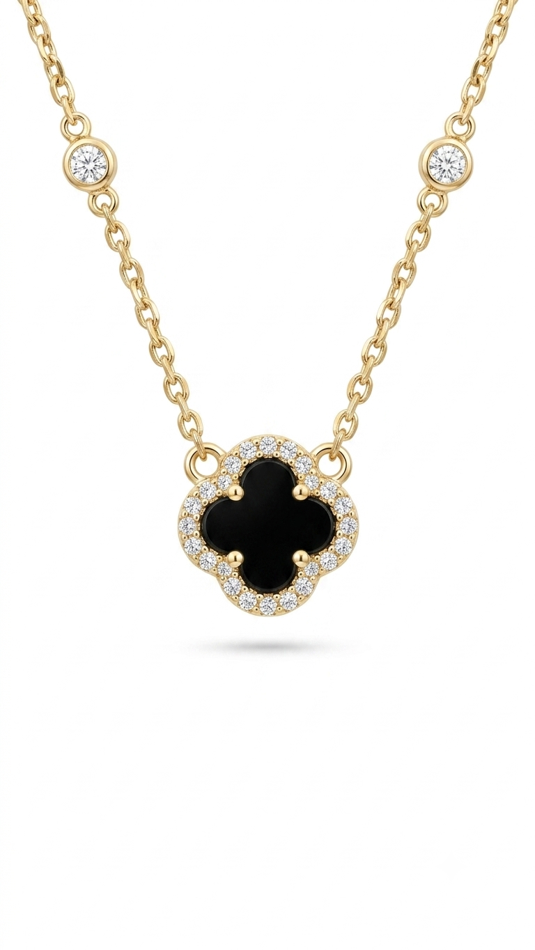 Collana Quadrifoglio Nero in Argento 925 Dorato e Zirconi