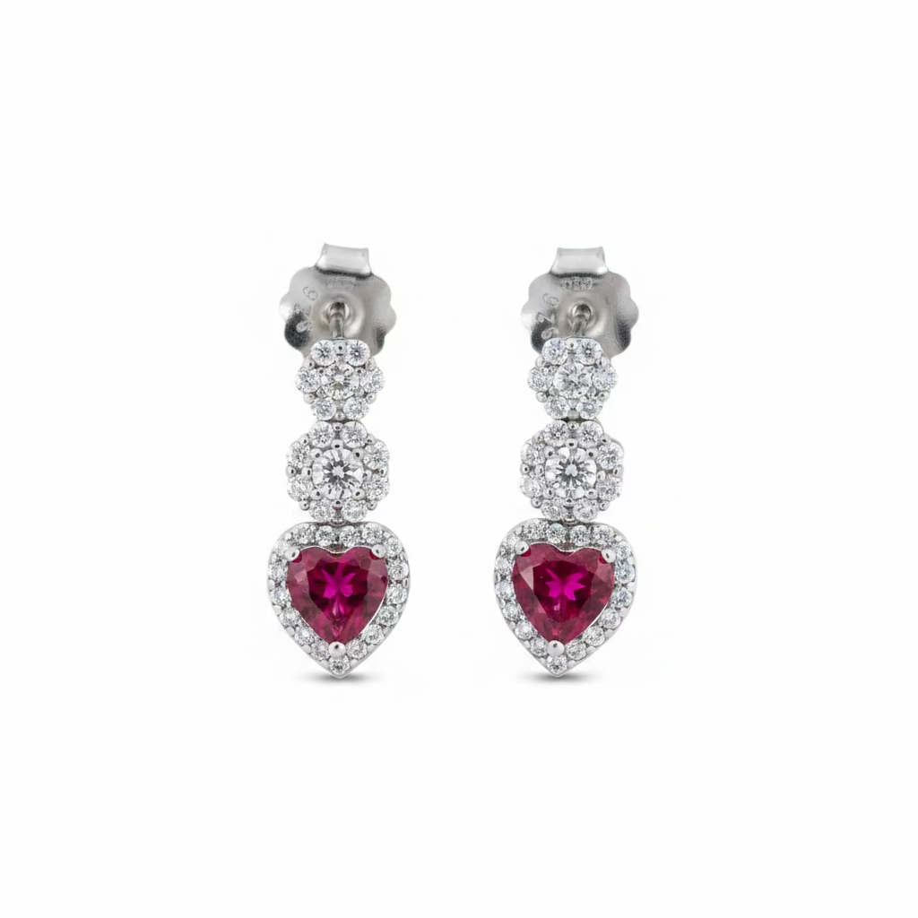 Orecchini Pendenti "Flower Heart" in Argento 925 con Rubino Idrotermale 5mm e Pavé di Zirconi