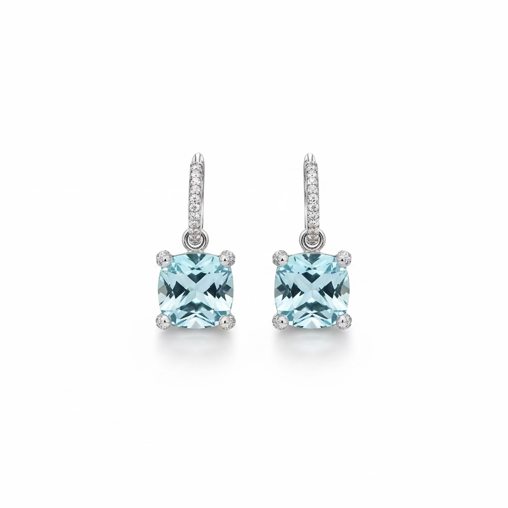 Orecchini Pendenti Square in Argento 925 con Cristallo Aqua e Dettagli White (12x12mm)