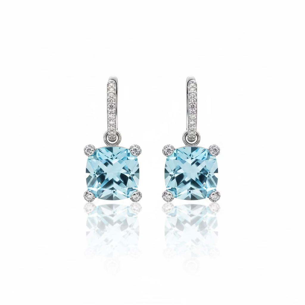 Orecchini Pendenti Square in Argento 925 con Cristallo Aqua e Dettagli White (12x12mm)