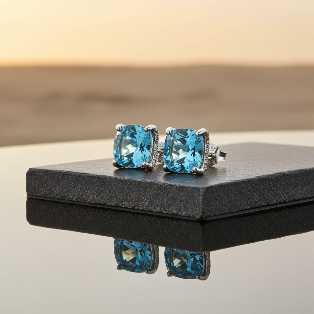 Orecchini a Lobo Ottagonali in Argento 925 con Cristallo Acquamare e Pavé Nascosto (9x9mm)