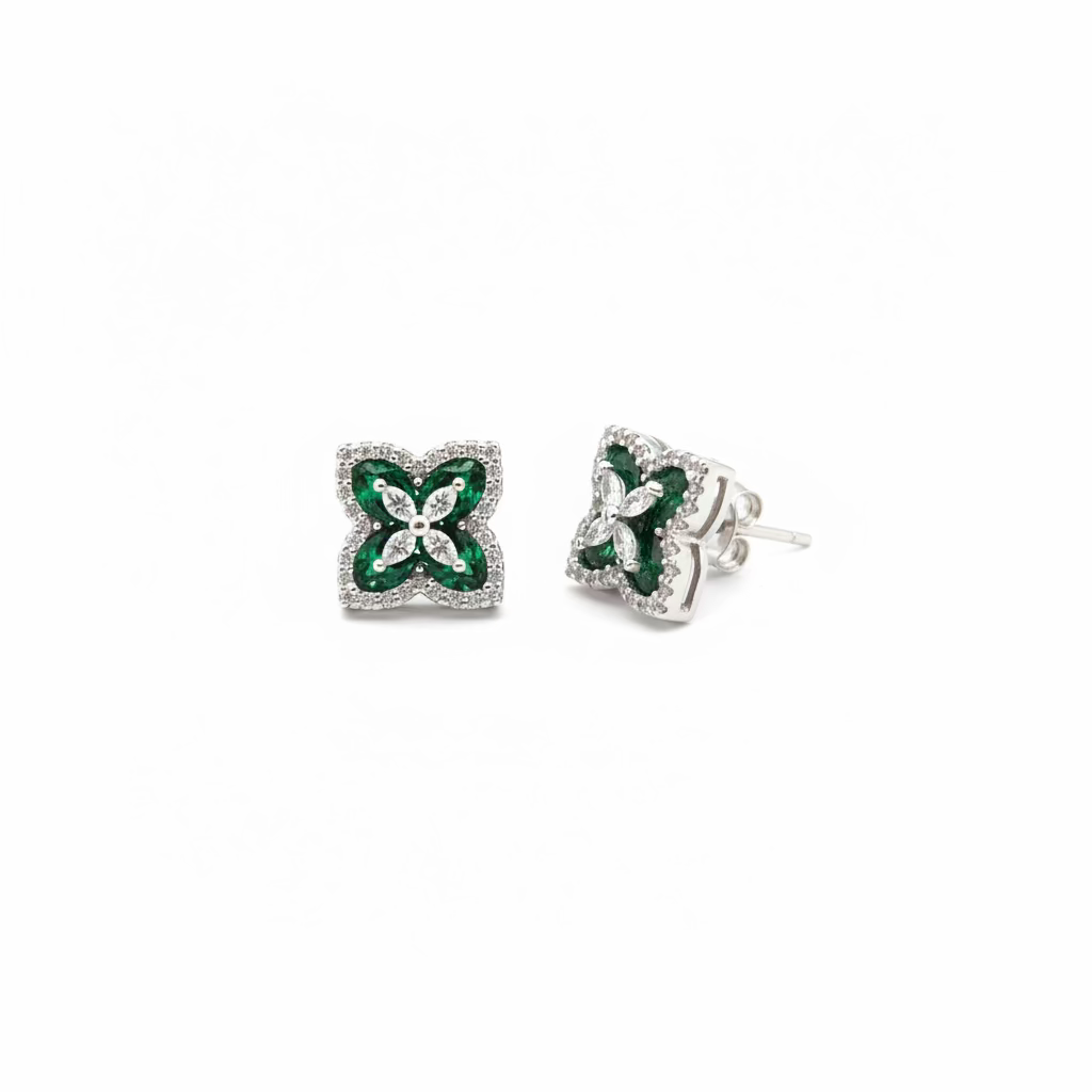 Orecchini a Lobo Quadrifoglio in Argento 925 e Zirconi Bianco e Verde