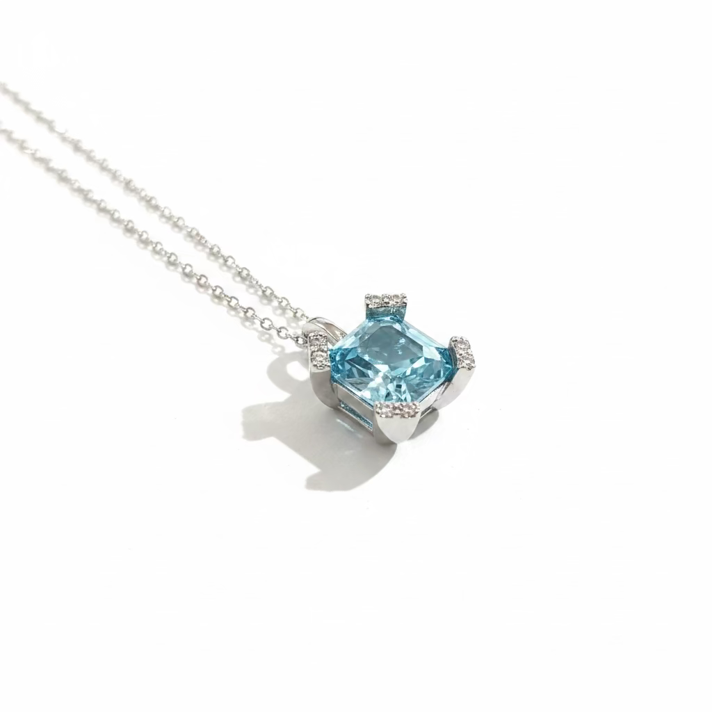 Collana Girocollo Geometrica in Argento 925 con Cristallo Acquamare 8x8mm