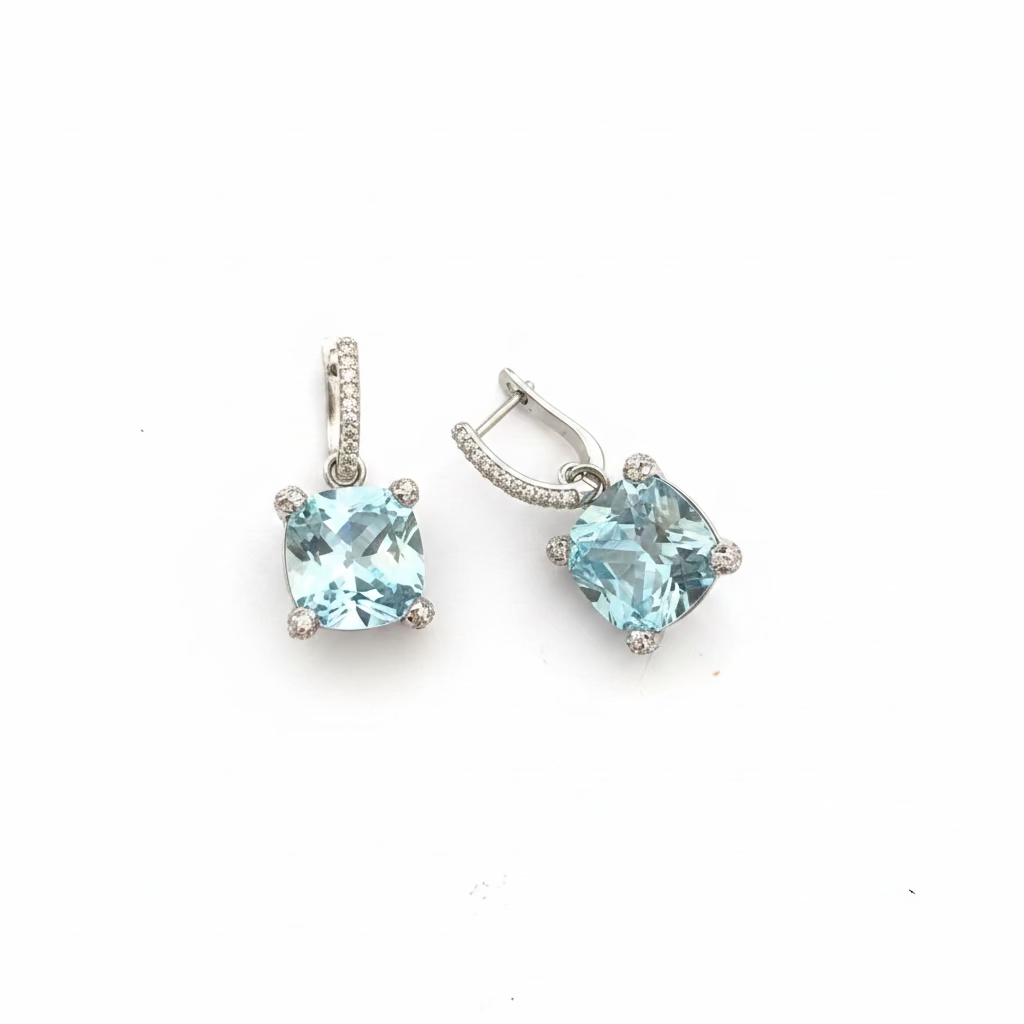 Orecchini Pendenti Square in Argento 925 con Cristallo Aqua e Dettagli White (12x12mm)