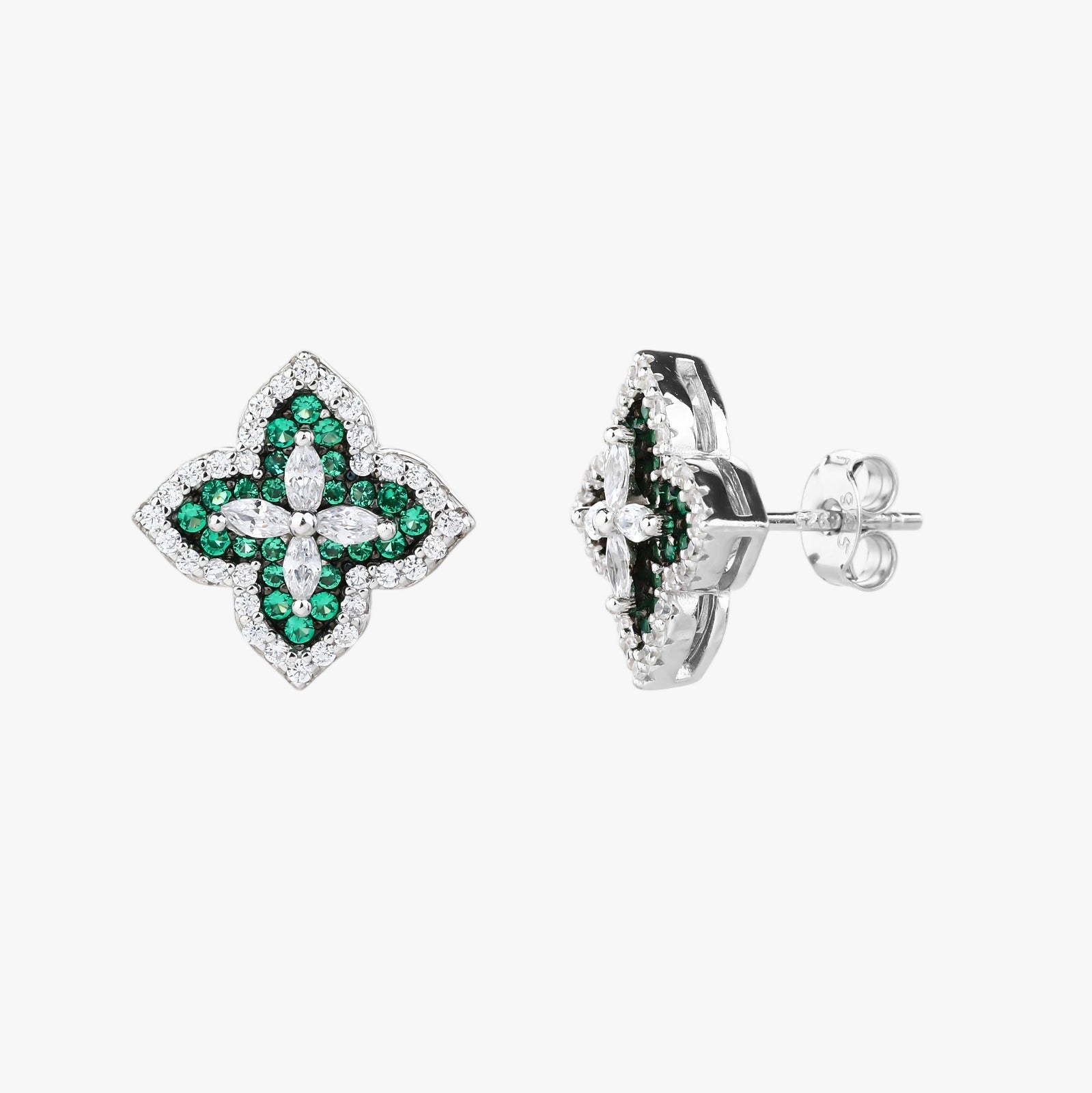 Orecchini a Lobo Quadrifoglio in Argento 925 e Zirconi Bianco e Verde