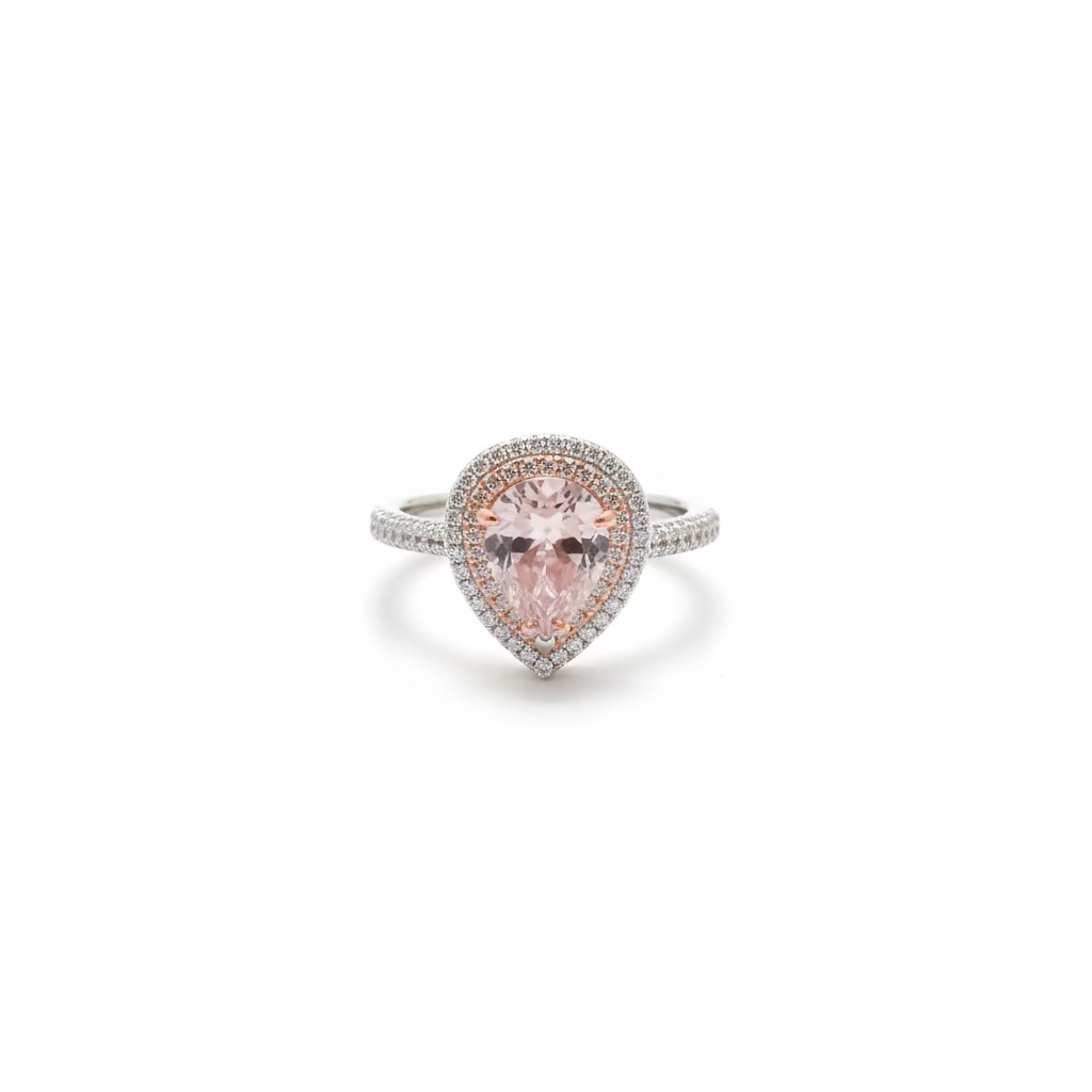 Anello a Goccia in Argento 925 Bicolore con Zircone Rosa e Doppio Halo (9x7mm)