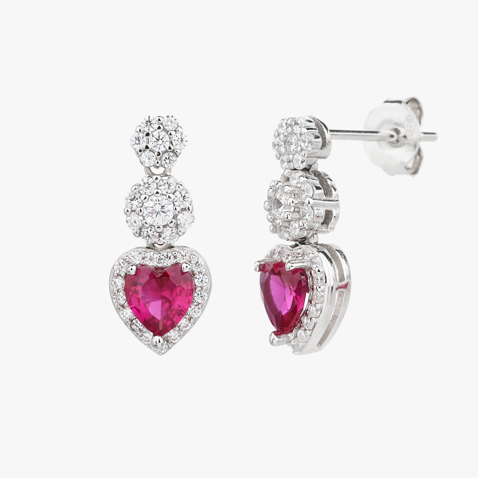 Orecchini Pendenti "Flower Heart" in Argento 925 con Rubino Idrotermale 5mm e Pavé di Zirconi