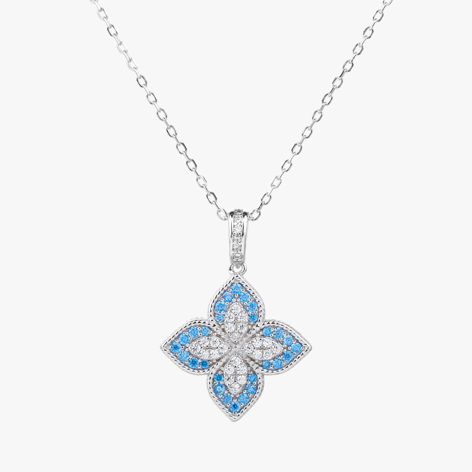 Collana Quadrifoglio in Argento 925 – Zirconi Bianco e Azzurro