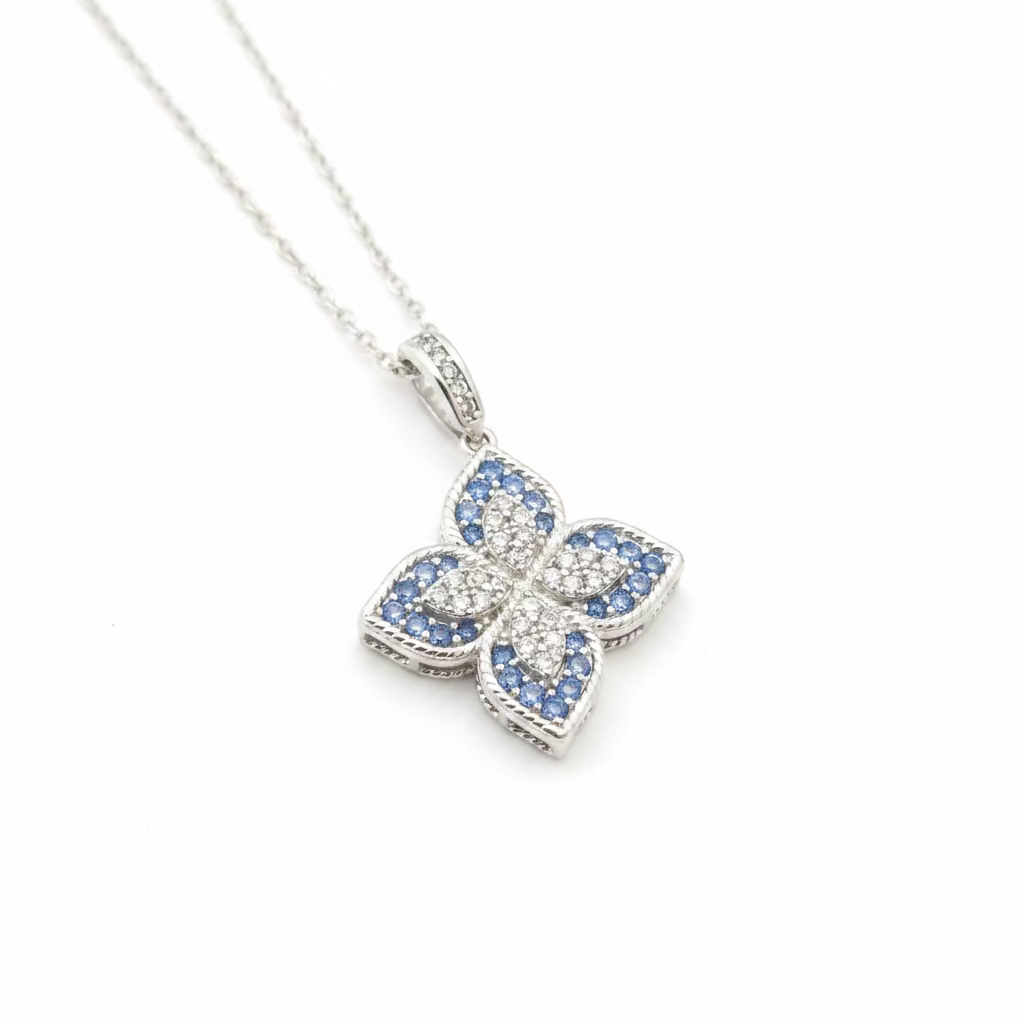 Collana Quadrifoglio in Argento 925 – Zirconi Bianco e Azzurro