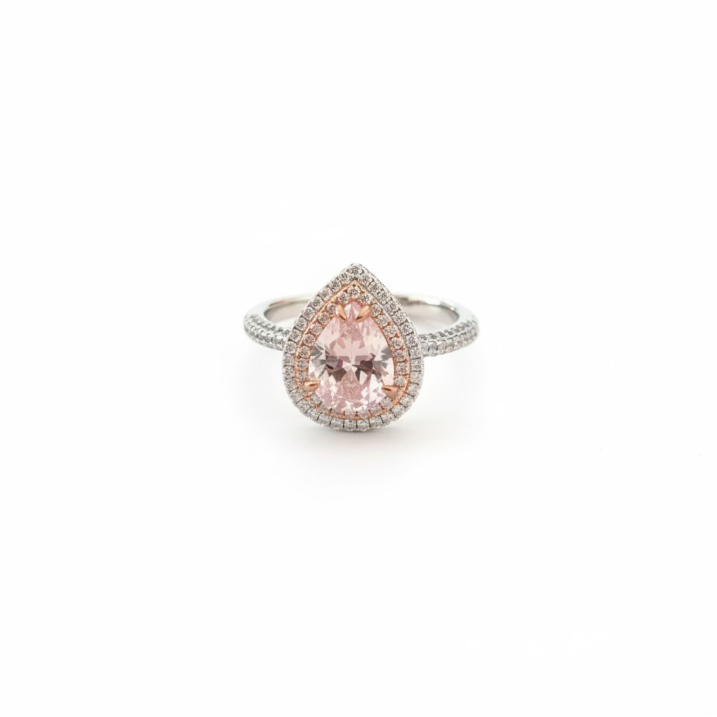 Anello a Goccia in Argento 925 Bicolore con Zircone Rosa e Doppio Halo (9x7mm)
