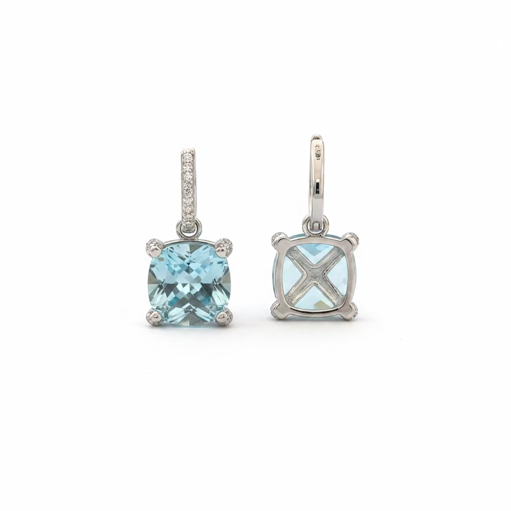 Orecchini Pendenti Square in Argento 925 con Cristallo Aqua e Dettagli White (12x12mm)